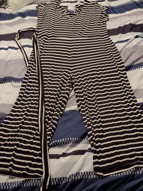 Old Navy Black and White Striped Wide-Leg Jumpsuit with Waist Tie